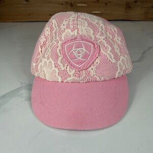 Ariat Girls Pink Lace Overlay Logo Patch Baseball Cap Hat Elastic Back